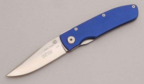 Klotzli Knives Walker Design Linerlock with Blue Aluminum Frame handle material - Obverse Side - Item #KLC12952