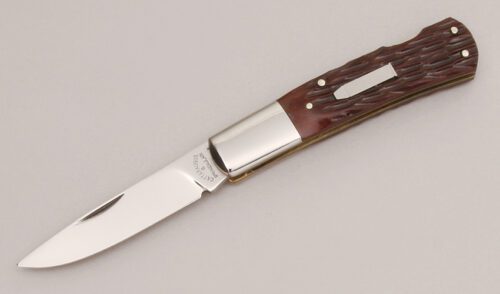Cattaraugus Cutlery KCC CM-10 Barlow Lockback with Brown Jigged Bone Scales handle material - Obverse Side - Item #KLC12993