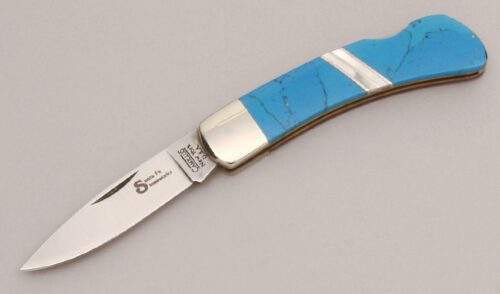 Santa Fe Stoneworks Lockback Folder with Turquoise & Wood Scales handle material - Obverse Side - Item #KLC12995