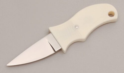 Blackie Collins Knives The Buddy System Knife with White Thermal Resin handle material - Obverse Side - Item #KLC12998