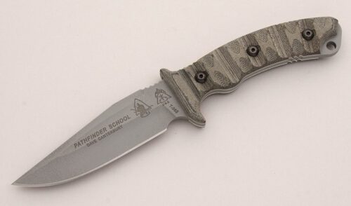 Tops Knives Pathfinder School with Gray Canvas Micarta Scales handle material - Obverse Side - Item #KLC13045