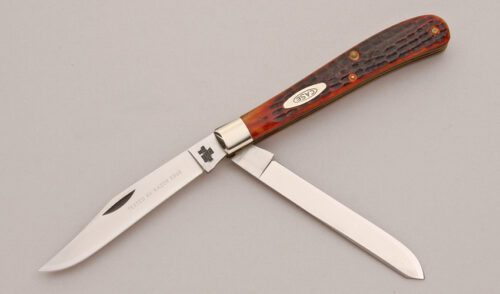 Case Cutlery 62048 SP SSP Slimline Trapper with Red Jigged Bone Scales handle material - Obverse Side - Item #KLC13049
