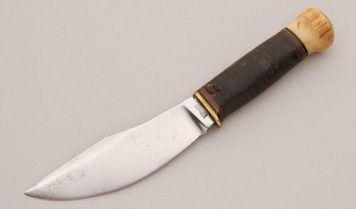 Marble's Knives 1916 Pat'd Woodcraft with Stacked Leather Handle handle material - Obverse Side - Item #KLC13053