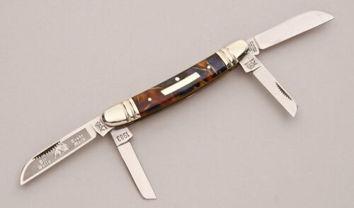 Bulldog Brand Knives 4 Blade Congress with Blue Denim & Brown Celluloid handle material - Obverse Side - Item #KLC13073