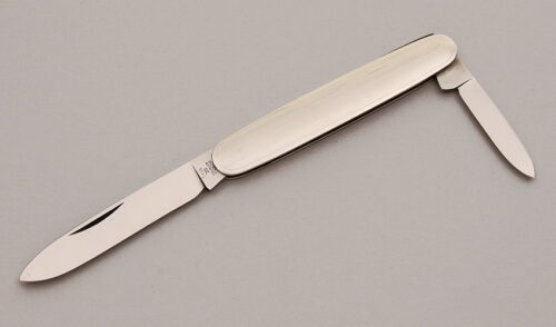 Hen & Rooster 422 G Two Blade Folder with Embossed Nickel Silver Frame handle material - Obverse Side - Item #KLC13076