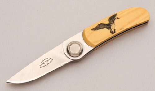 Gerber Knives Paul 2PM Button Lock with Ivory Micarta Scales handle material - Obverse Side - Item #KLC13084