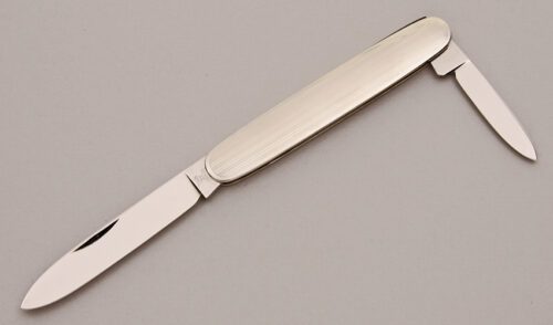 Hen & Rooster 422 G Two Blade Folder with Embossed Nickel Silver Frame handle material - Obverse Side - Item #KLC13100