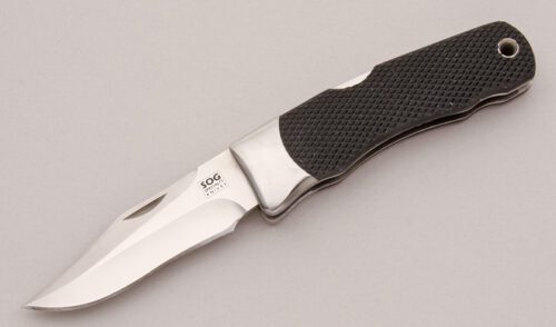 Sog Knives Stingray Midlock Folder with Raised Point Kraton Grips handle material - Obverse Side - Item #KLC13116