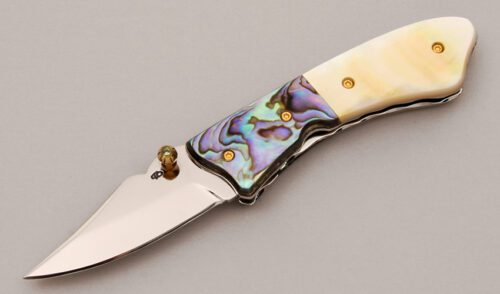 Unknown Maker Custom Linerlock Folder with Gold Lip Pearl Scales handle material - Obverse Side - Item #KLC13156
