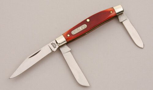 Schrade Cutlery 340T Old Timer Small Stockman with Smooth Red Bone Scales handle material - Obverse Side - Item #KLC13163