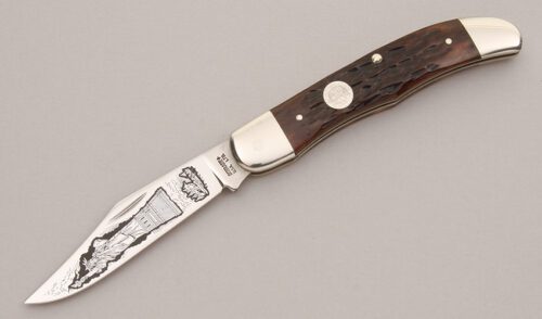 Schrade Cutlery Statue of Liberty Folder with Brown Jigged Bone Scales handle material - Obverse Side - Item #KLC13166
