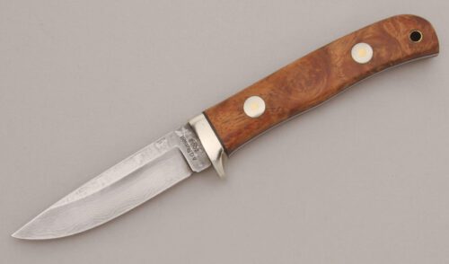 A.G. Russell Gents Damascus Hunter with Chinese Quince Burl Wood handle material - Obverse Side - Item #KLC13193