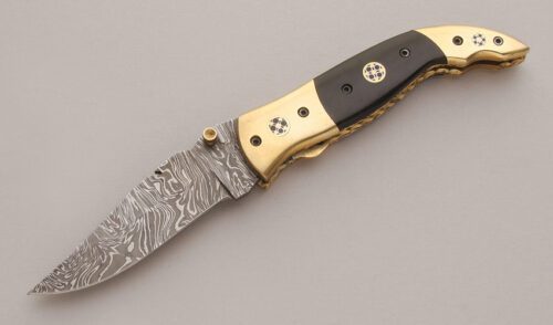 Unknown Maker Damascus Linerlock Folder with Buffalo Horn Handle Scales handle material - Obverse Side - Item #KLC13259