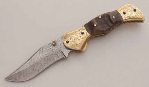 Unknown Maker Damascus Linerlock Folder with Rams Horn Handle Scales handle material - Obverse Side - Item #KLC13260