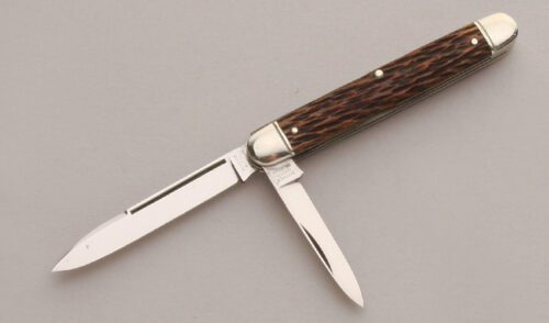 Schrade Cutlery Two Blade Pen Knife with Brown Jigged Bone Scales handle material - Obverse Side - Item #KLC13263