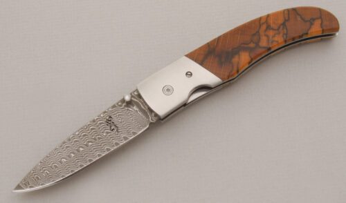 Browning Knives Damascus Linerlock Folder with Spalted Beechwood Scales handle material - Obverse Side - Item #KLC13269