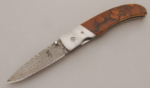 Browning Knives Damascus Linerlock Folder with Spalted Beechwood Scales handle material - Obverse Side - Item #KLC13270
