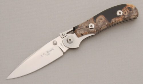 A.G. Russell K87C One Hand Knife with Buckeye Burl & Black Resin handle material - Obverse Side - Item #KLC13305