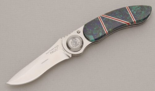 Lone Wolf Knives Paul Presto with Green Malachite & Red Coral handle material - Obverse Side - Item #KLC13309