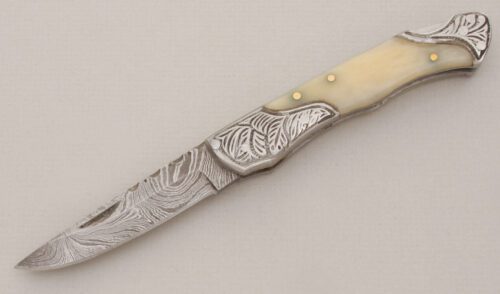 Unknown Maker Damascus Lockback Folder with Smooth Bone handle material - Obverse Side - Item #KLC13325