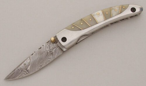 Unknown Maker Damascus Linerlock Folder with Steel Handle Scales handle material - Obverse Side - Item #KLC13326