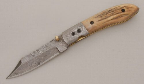 Unknown Maker Damascus Linerlock Folder with Stag Handle Scales handle material - Obverse Side - Item #KLC13328