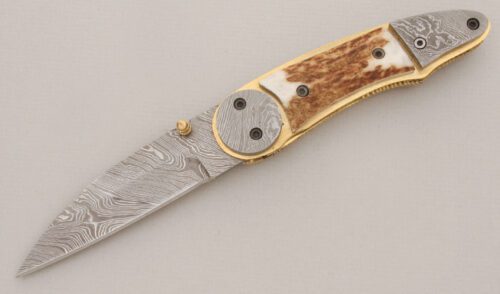 Unknown Maker Damascus Linerlock Folder with Stag Handle Scales handle material - Obverse Side - Item #KLC13329