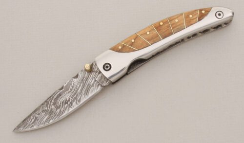 Unknown Maker Damascus Linerlock Folder with Stainless Steel Scales handle material - Obverse Side - Item #KLC13330