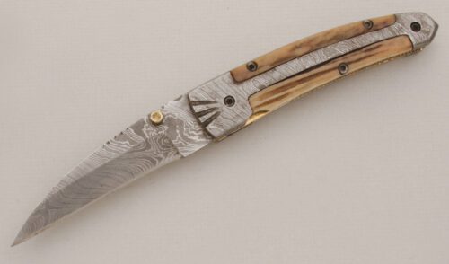 Unknown Maker Damascus Linerlock Folder with Damascus & Stag Scales handle material - Obverse Side - Item #KLC13331