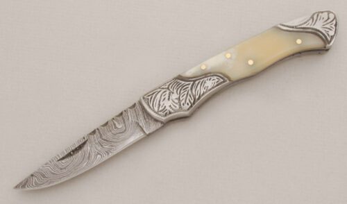 Unknown Maker Damascus Lockback Folder with Smooth Bone Scales handle material - Obverse Side - Item #KLC13332