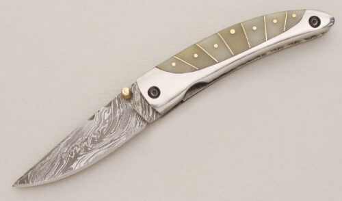 Unknown Maker Damascus Linerlock Folder with Steel Handle Scales handle material - Obverse Side - Item #KLC13333