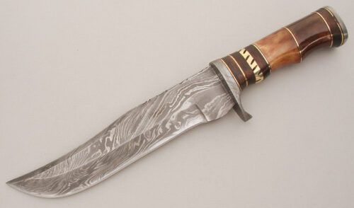 Unknown Maker Damascus Bowie with Stacked Wood & Bone Handle handle material - Obverse Side - Item #KLC13334