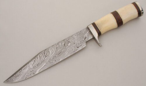 Unknown Maker Damascus Bowie with Smooth Bone & Wood Handle handle material - Obverse Side - Item #KLC13335