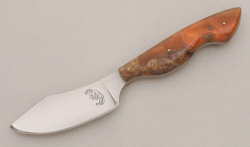 Bernard Ortiz Chetco Bear Neck Knife with Maple Burl & Alumilite Resin handle material - Obverse Side - Item #KLC13339