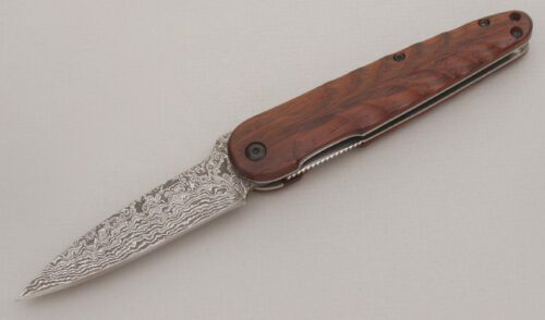 Hikari Higo Style Damascus Liner Lock with Cocobolo Wood Handle Scales handle material - Obverse Side - Item #KLC13360