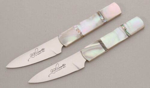 A.G. Russell Custom Woodswalker Set with Sea Snail & Abalone Handles handle material - Obverse Side - Item #KLC13361