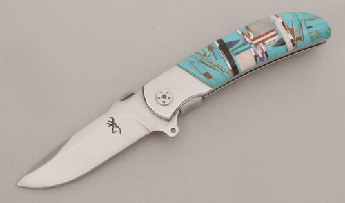 Browning Knives Linerlock Folder with Turquoise Handle Scales handle material - Obverse Side - Item #KLC13379