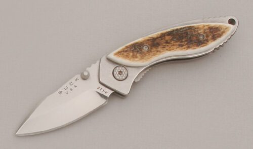 Buck Knives 271-1 Alpha Dorado Folder with Stag Handle Scales handle material - Obverse Side - Item #KLC13384