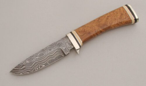 Unknown Maker Damascus Hunter with Maple Burl Wood Handle handle material - Obverse Side - Item #KLC13387