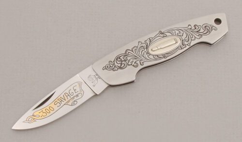 Hen & Rooster .300 Savage Canoe with Stainless Steel Frame handle material - Obverse Side - Item #KLC13388