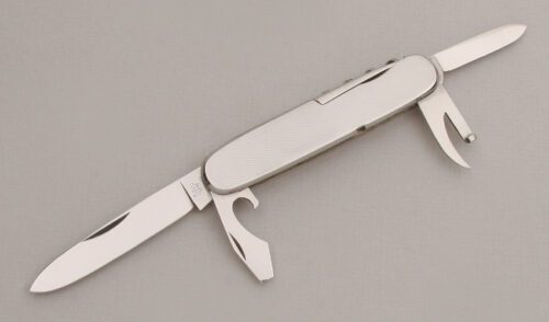 Hen & Rooster Multi-Blade Folder with Embossed Stainless Steel handle material - Obverse Side - Item #KLC13392