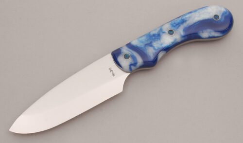 Hal McBee Camp Utility Knife with Blue & White Resin Handles handle material - Obverse Side - Item #KLC13402
