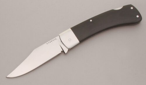 Steve Voorhis Large Lockback Folder with Black Linen Micarta Scales handle material - Obverse Side - Item #KLC13444