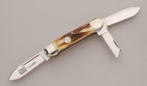 Queen Cutlery Joe Pardue Canoe Whittler with Torched Sambar Stag Scales handle material - Obverse Side - Item #KLC13445