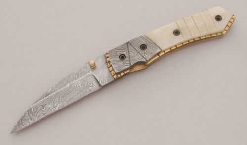 Unknown Maker Damascus Linerlock Folder with Fluted Bone Scales handle material - Obverse Side - Item #KLC13481