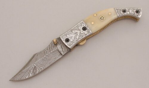 Unknown Maker Damascus Linerlock Folder with Natural Bone Scales handle material - Obverse Side - Item #KLC13483