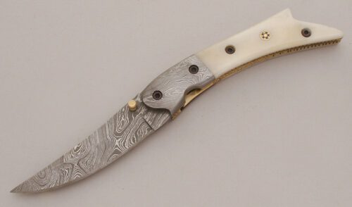 Unknown Maker Persian Style Damascus Folder with Smooth Natural Bone Scales handle material - Obverse Side - Item #KLC13484