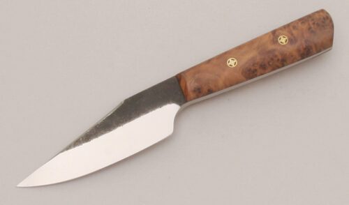 Corey Dunlap Fixed Blade EDC/Pocket Knife with Thuya Burl Wood Scales handle material - Obverse Side - Item #KLC13491