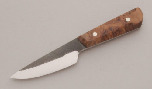 Corey Dunlap Fixed Blade EDC/Pocket Knife with Thuya Burl Wood Scales handle material - Obverse Side - Item #KLC13493