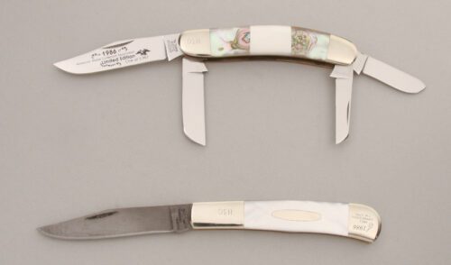 American Blade Collectors Asso 1986 A.B.C.A. Folding Set with Mother of Pearl & Abalone handle material - Obverse Side - Item #KLC13513